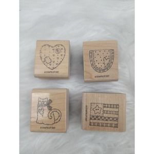 STAMPIN' UP! Patchwork (4) Wood Rubber Stamps Set 1997 Watermelon Cat Flag Heart